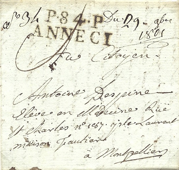La correspondance Despine, 1805 : lettre d’Annecy port payé
