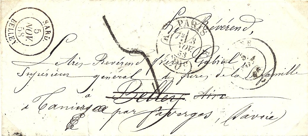 1858 – une lettre de Paris pour Belley réexpédiée pour l’abbaye de Tamié