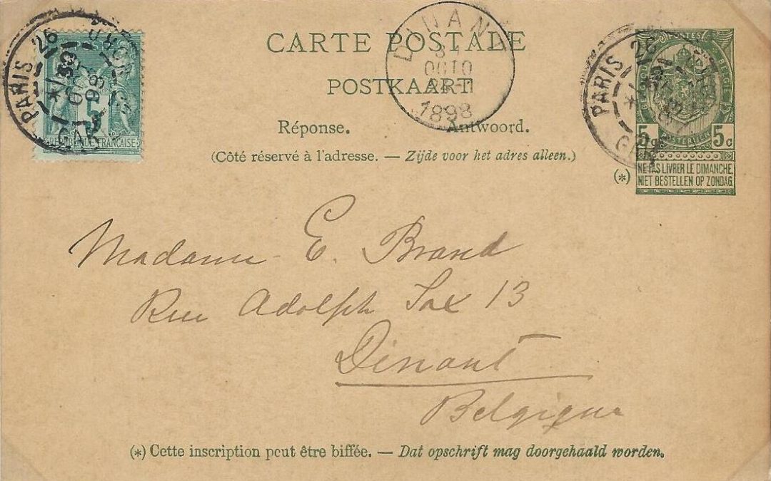 Type Sage – le 5c vert sur une carte postale réponse payée Belge