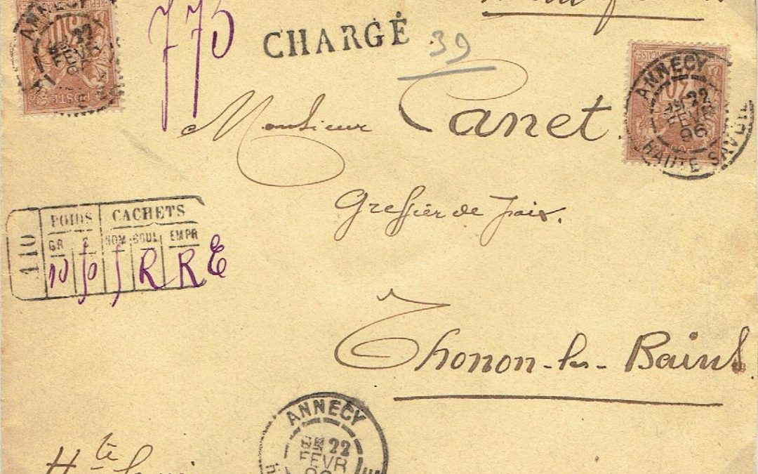 1896 – une lettre CHARGE d’Annecy pour Thonon-les-Bains