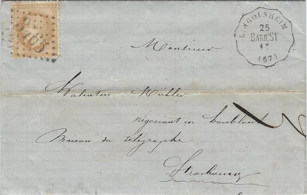 1869 – Une lettre locale acheminée par le convoyeur Barr à Strasbourg