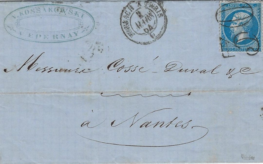 1864 – une oblitération par un timbre-taxe « double trait »